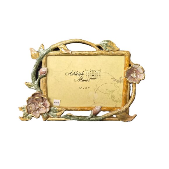 Ashleigh Manor Pewter Enamel Floral Jeweled Picture Frame 5x3.5'' Photo Shabby - Picture 3 of 4